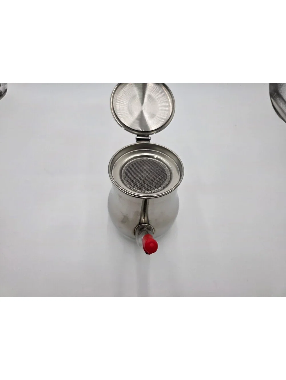 Stainless Steel Teapot with Red Spout Cover and Lid Strainer